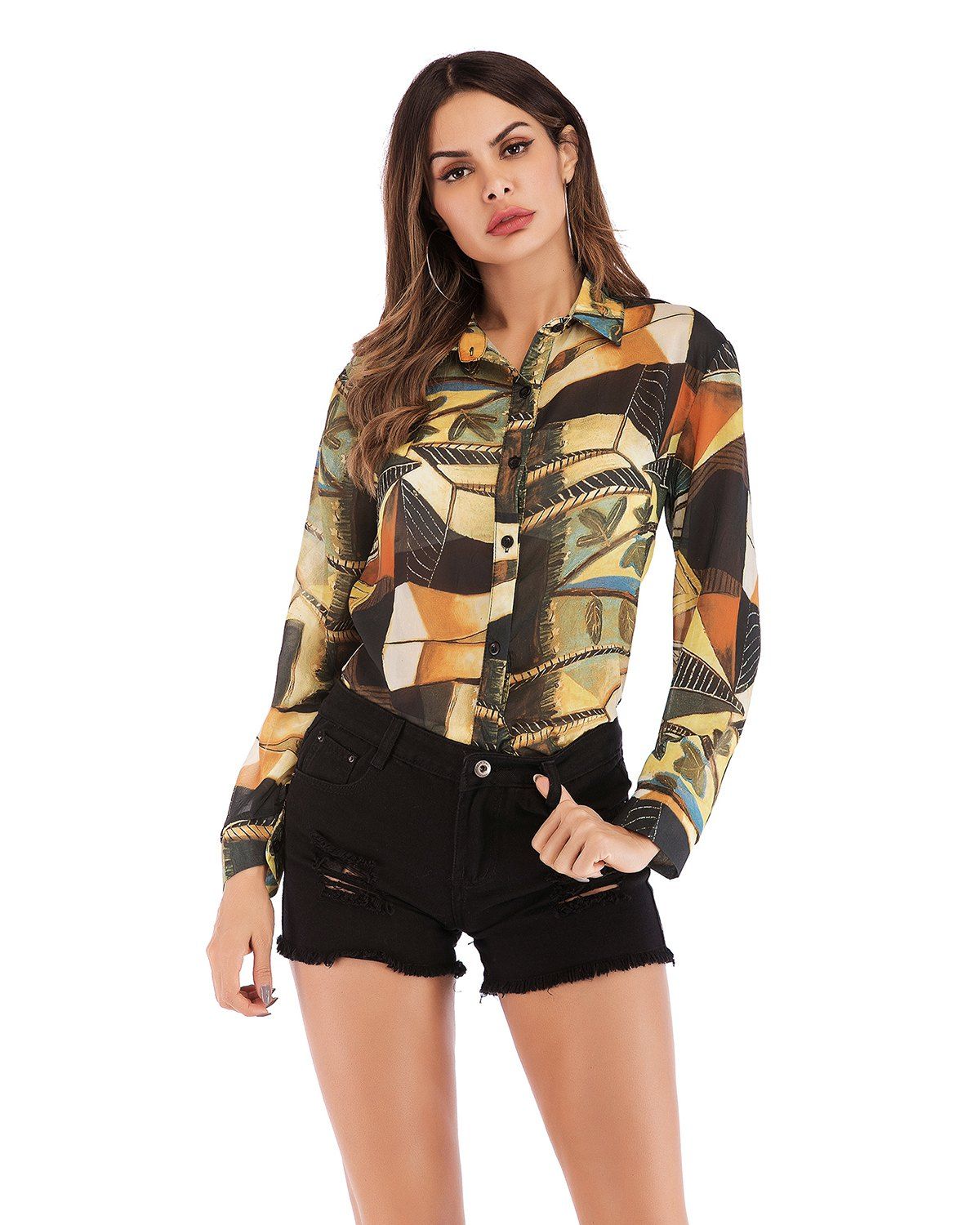 

Printed Chiffon Shirt Lapel Single-Breasted Blouse, Yellow