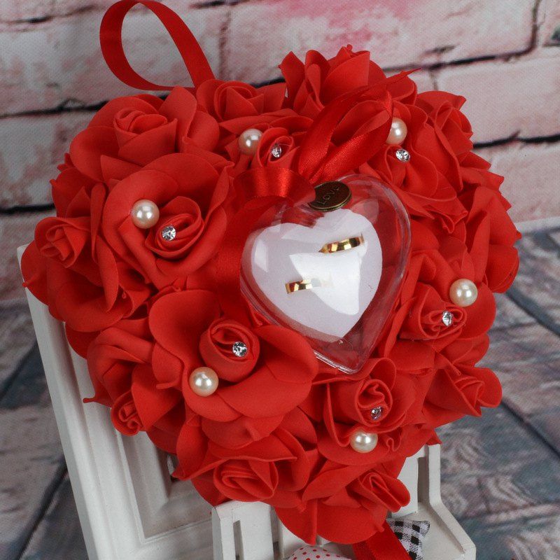 

Wedding Ceremony Creative Simulation Rose Crystal Ring Bearer Pillow Heart Cushion Ring Pillow, Red
