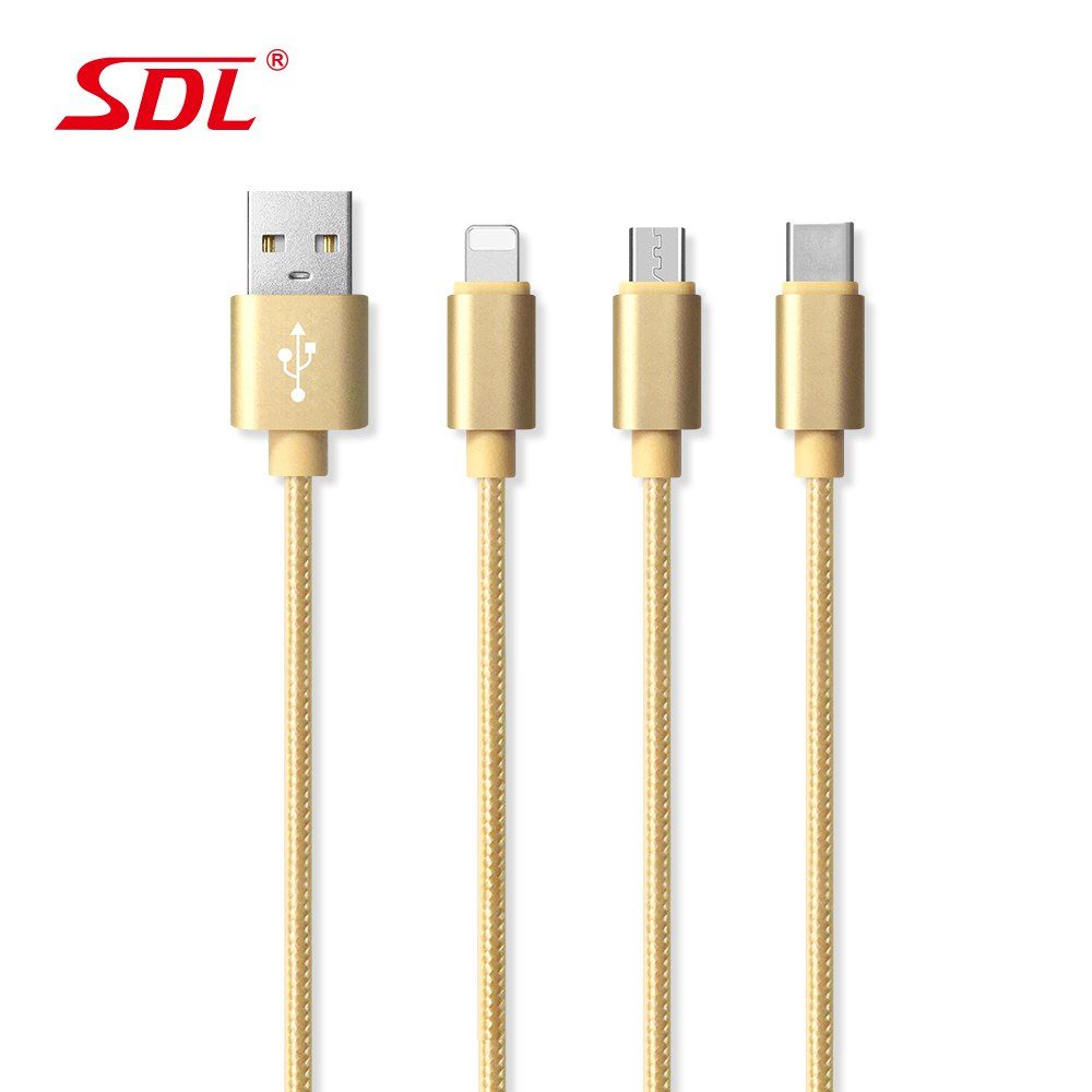 

SDL 3 in 1 Micro USB + 8 Pin + Type-C Data Charging Cable - 1M, Gold