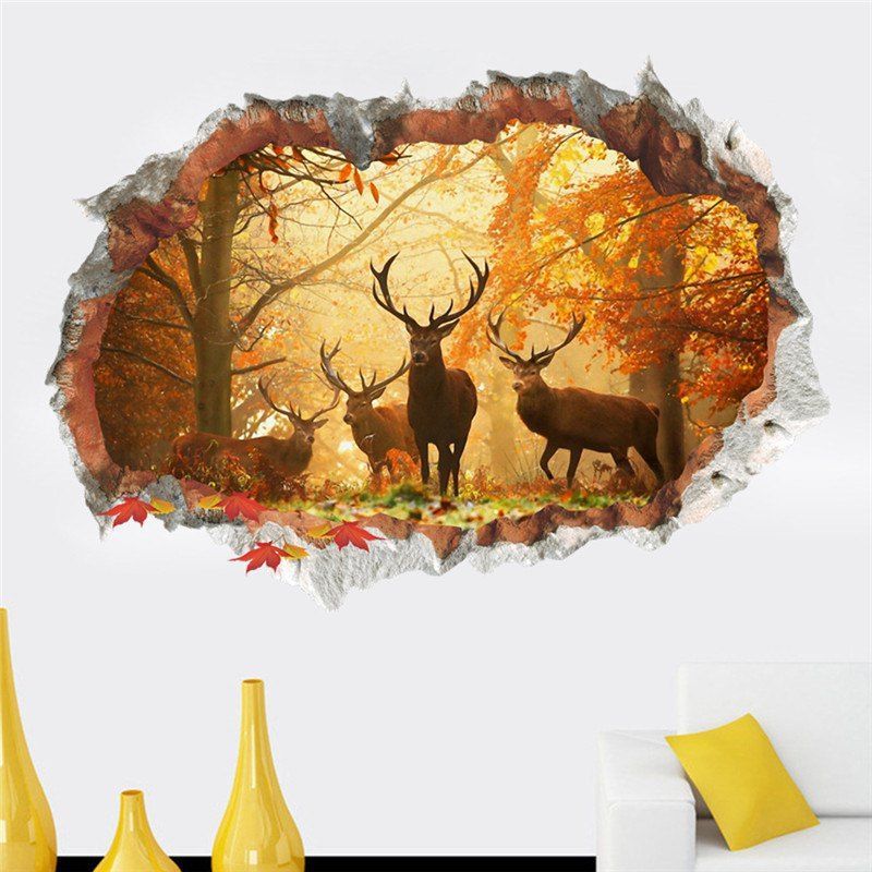 

Home Decoration 3D Broken Wall Elk Forest Removable Wall Stickers for Decor, Colormix