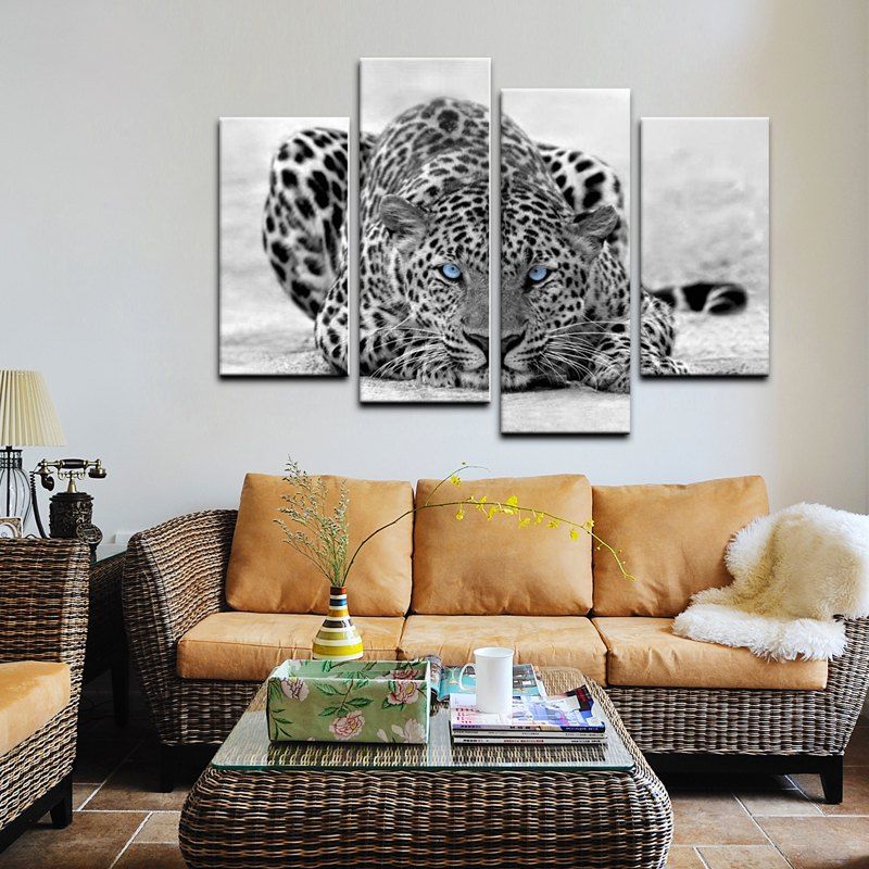 Yhhp 4 Panels Leopard On The Ground Picture Print Modern Wall Art On Canvas Unframed
