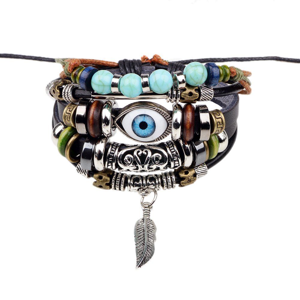 

Fashion Tibetan Adjustable Turkish Evil Eye Charms Leather Bracelet, Black