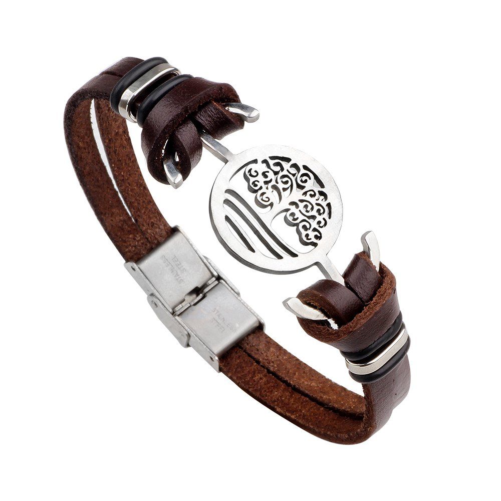 

Handmade Stainless Steel Tree of Life Charm Leather Cuff Bracelet, Brown;black;brown