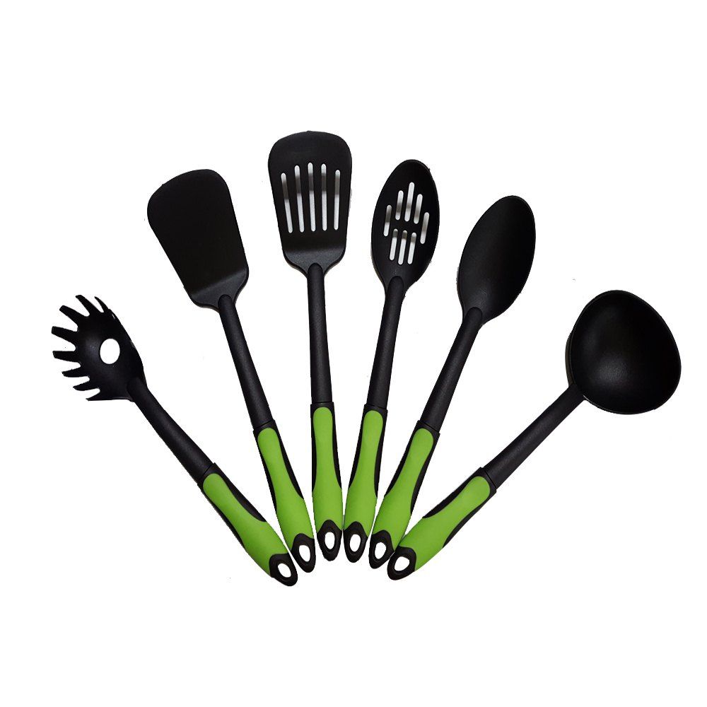 

6-piece Nylon Non-stick Slotted Spatula Spoon Heat-resistant Kitchen Cooking Utensil Set, Black and green