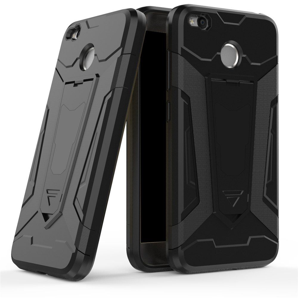 

Hybrid Dual Layer Rugged Shockproof Drop Proof Hard Back Cover Pc with Slilcone Kickstand Protective Case for Redmi 4X, Black