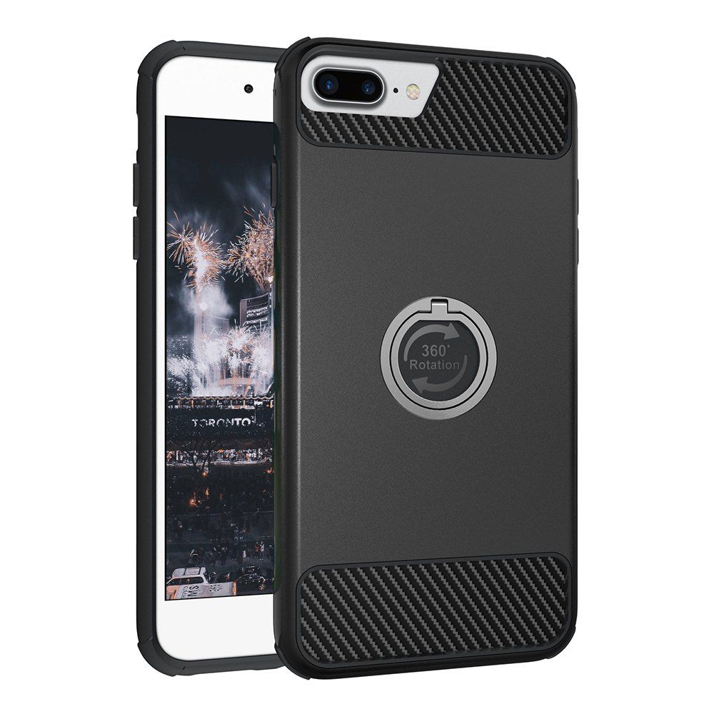 

Rugged Rubber Heavy Duty Tough Dual Layer 2 In 1 360 Degree Rotating Ring Kickstand Protective Case for Iphone 6S Plus / 6 Plus, Black