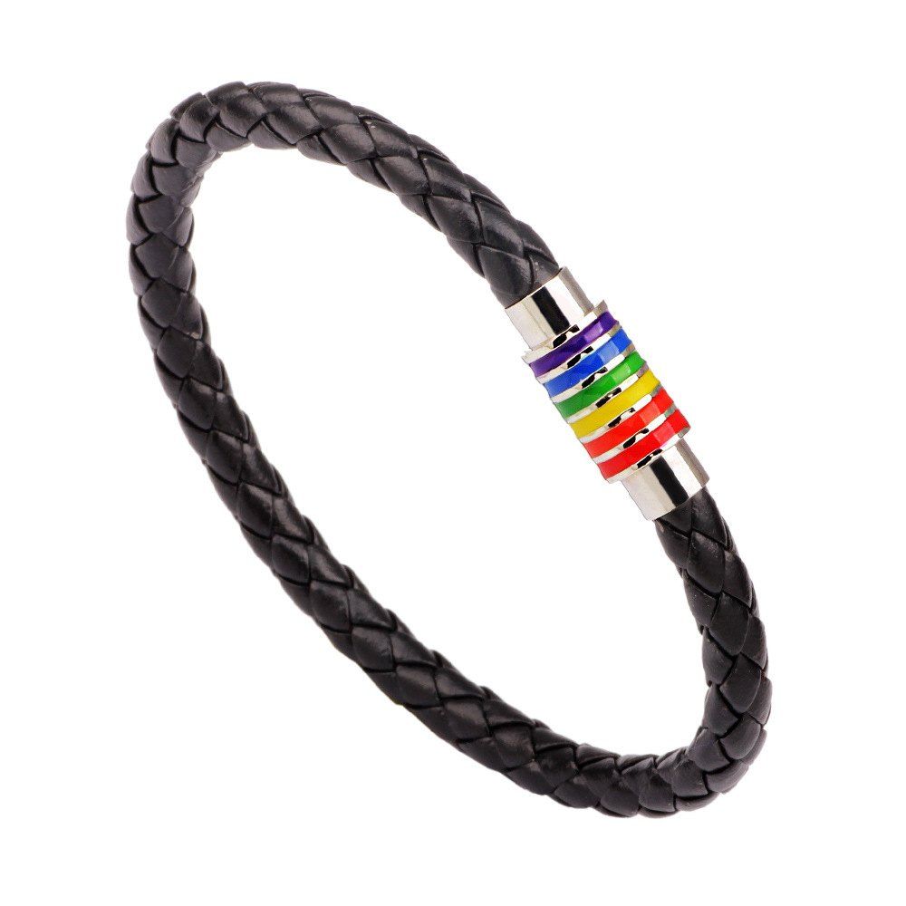 

Hot Sale Rainbow Gay Pride Leather Bracelet For Men Women, Black a