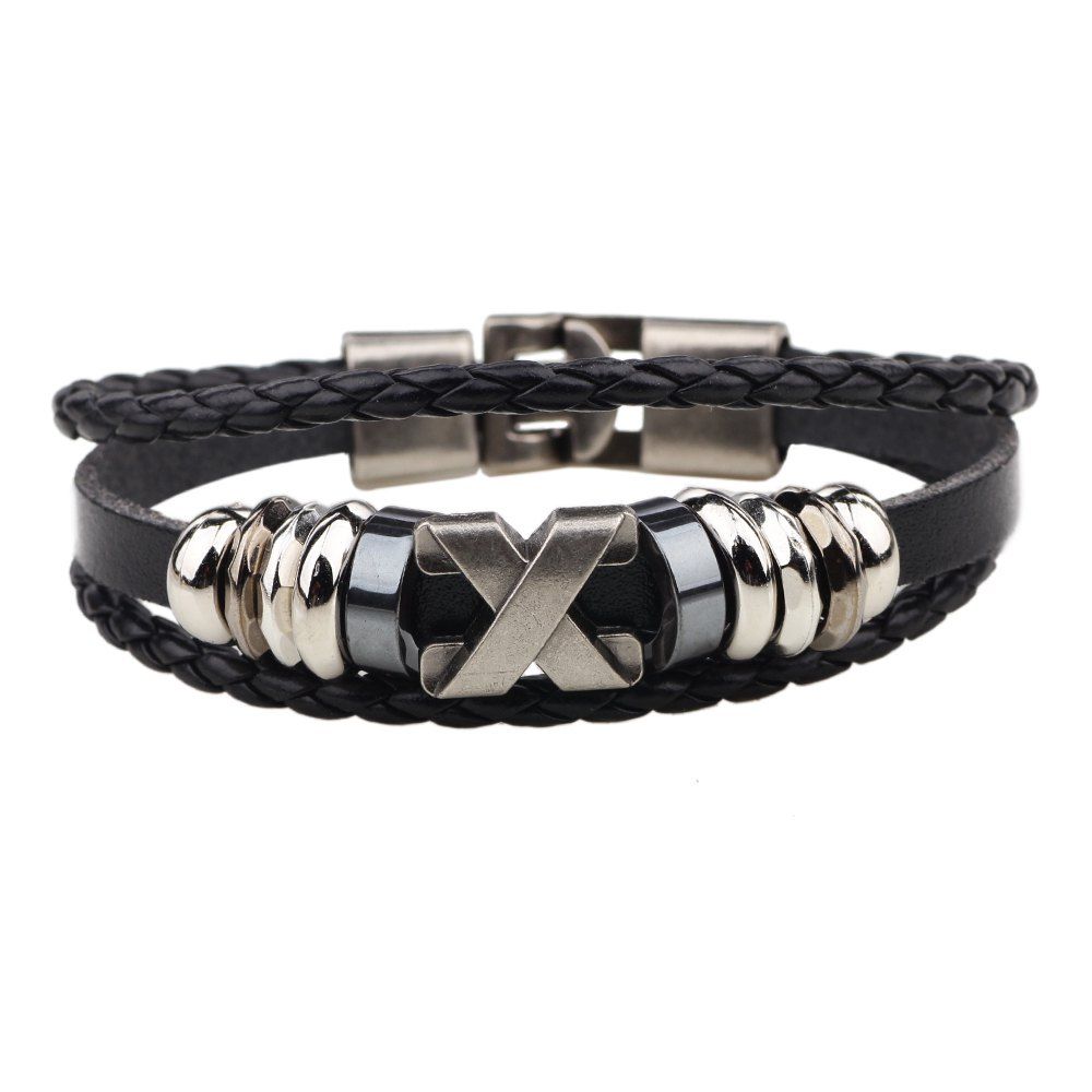 

Fashion Alloy x Letter Braided Leather Cuff Bracelet for Men, Black;black;brown