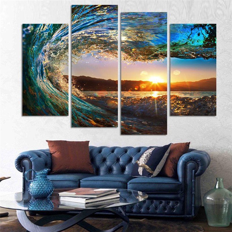 

4PCS Waves Sunset Printed Canvas Unframed Wall Art, Colormix