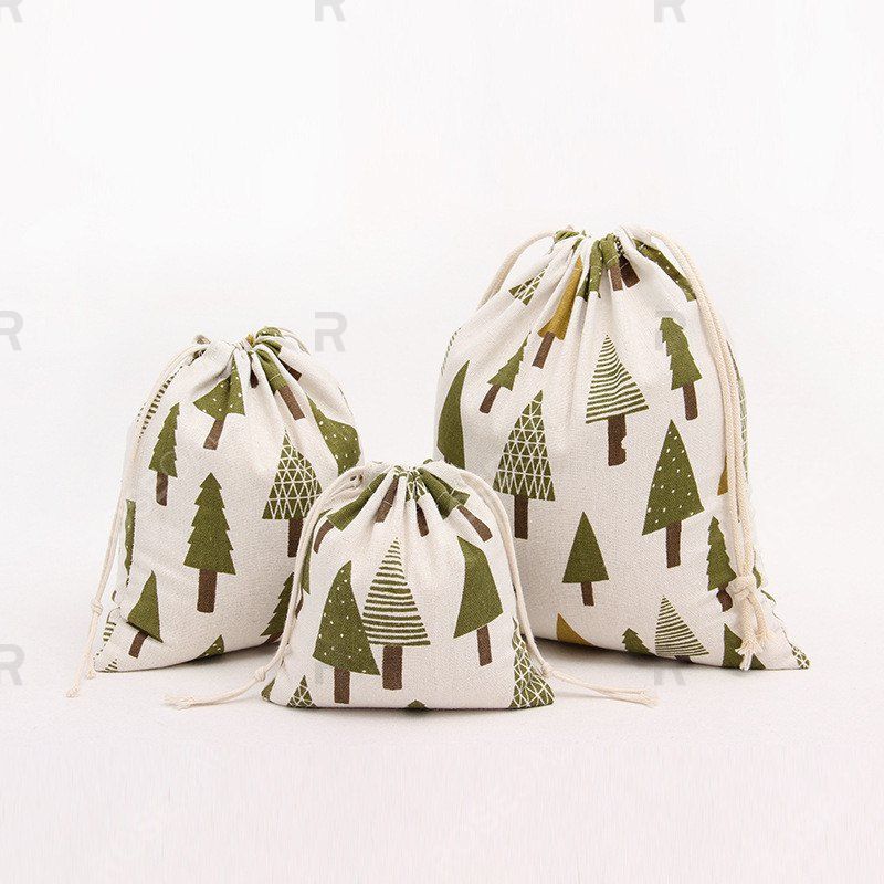 

3pcs Fresh Christmas Trees Printed Cotton Flax Tea Bag Storage Pouch, Green