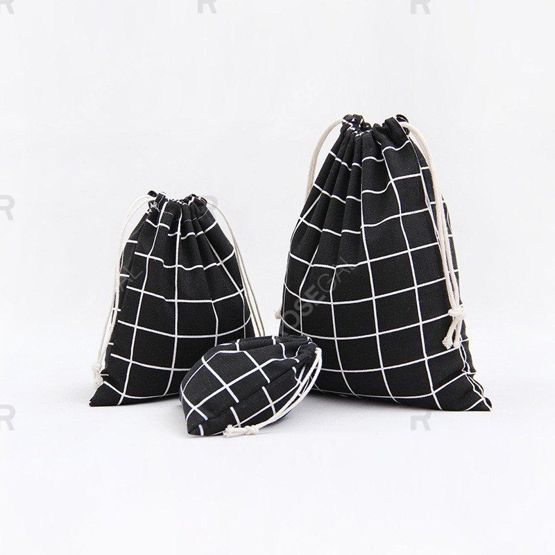 

3pcs Lattice Printed Cotton Flax Tea Bag Storage Pouch, Black