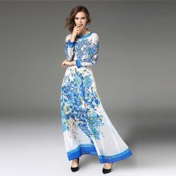 Womens High-rise Embroidered Bohemian Dress, Flowing V-neck Long-sleeved Dress With Batwing Sleeves 