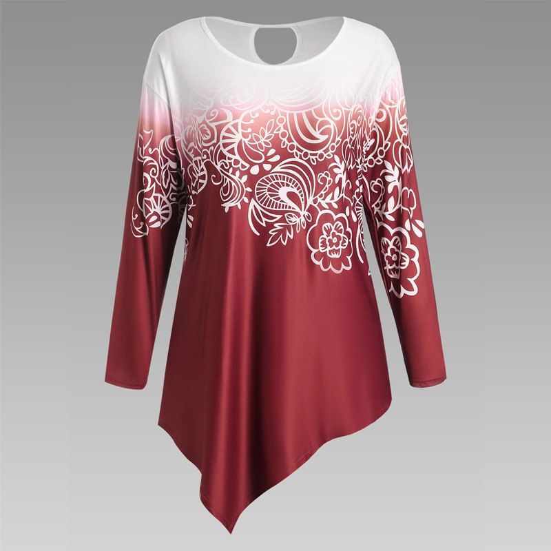 

Autumn New Printing Irregular Long-Sleeved Large Size Female T-Shirt, Red