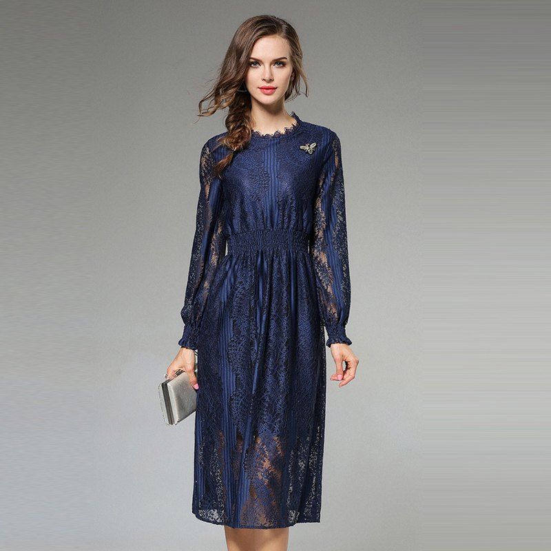 

New Fashion Slim Long Sleeves Lace Dress, Navy