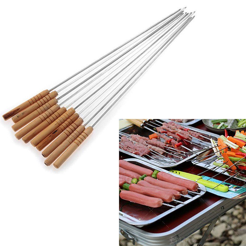 

Useful 10PCS Steel Metal Bbq Barbecue Skewer Grill Kebab Needles Stick Wooden Handle Kitchen Needle Outdoor, Wood