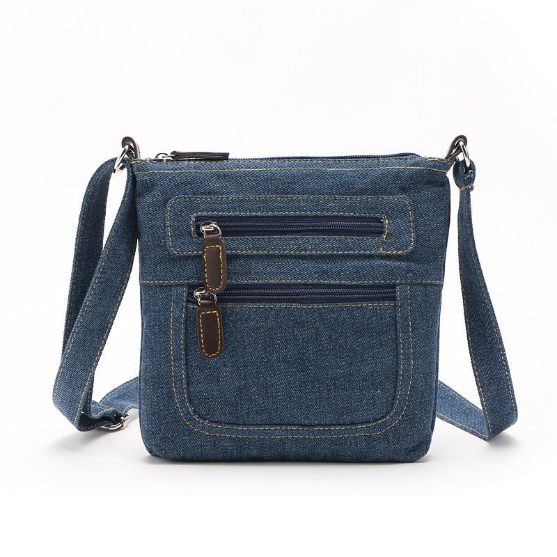 

Zipper Solid Color Denim Crossbody Bag, As the picture