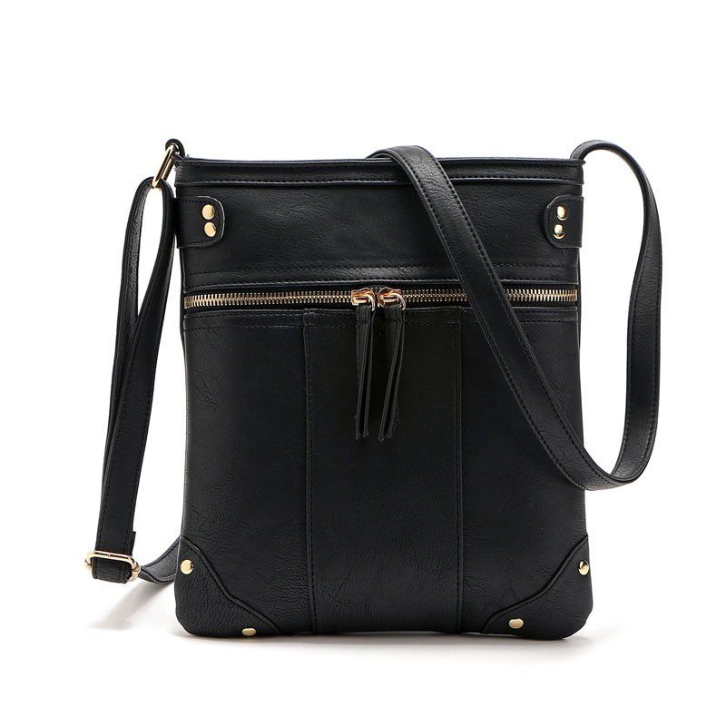 

Solid Color Zipper Rivets Crossbody Bag, Black