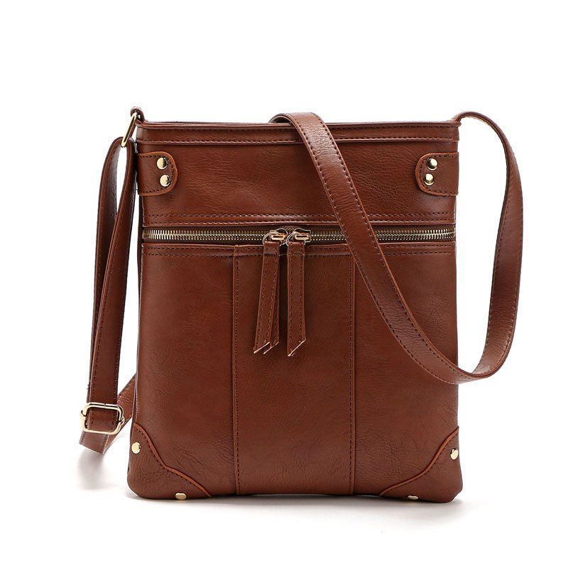 

Solid Color Zipper Rivets Crossbody Bag, Coffee