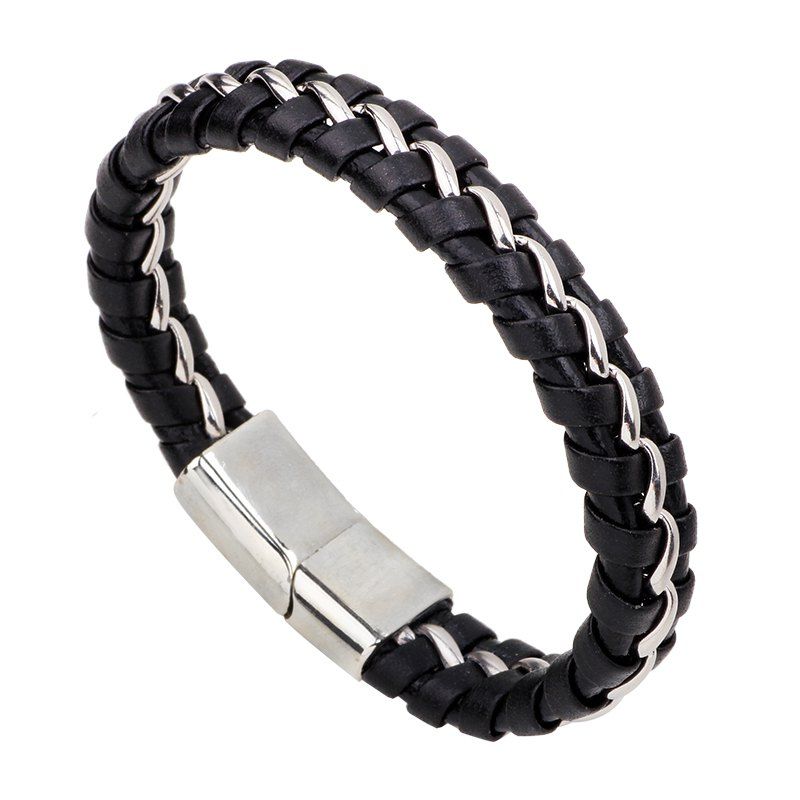 

Leather Braided Bracelet stainless Steel Chain for Men, Black 2r2610#