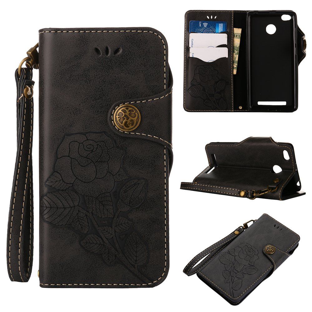 

Retro Rose PU Leather Magnetic Closure Flip Wallet Protective Case with Lanyard for Xiaomi Redmi 3S/3 Pro/3 Prime, Black 4a#