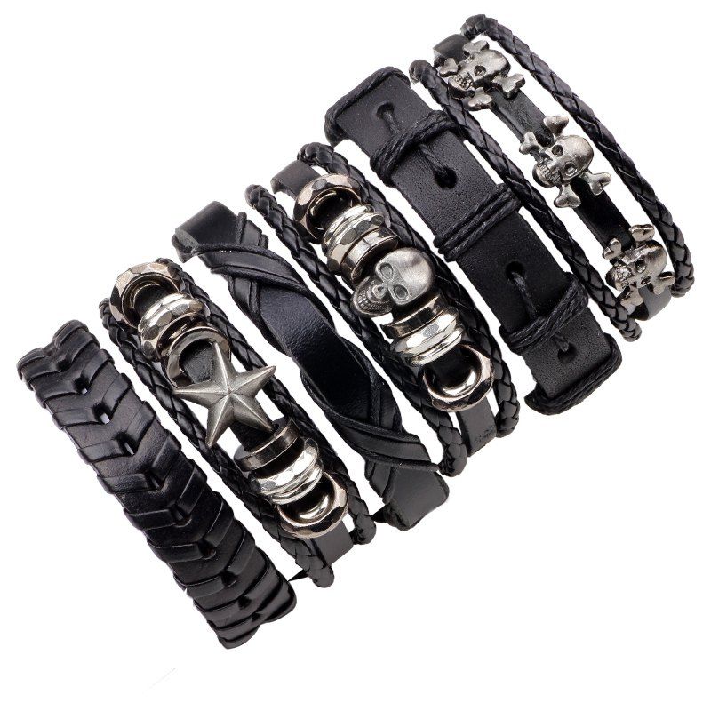 

6 Pcs Black Skull Woven Leather Bracelet Male, Black 2r2610#