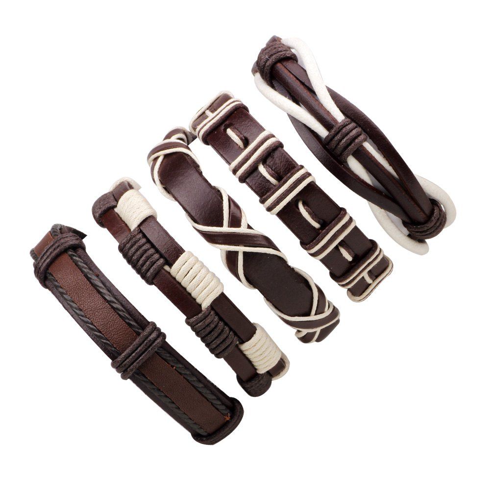 

5 Pcs Vintage Multilayer Hand Woven Leather Diy Bracelet, Brown white