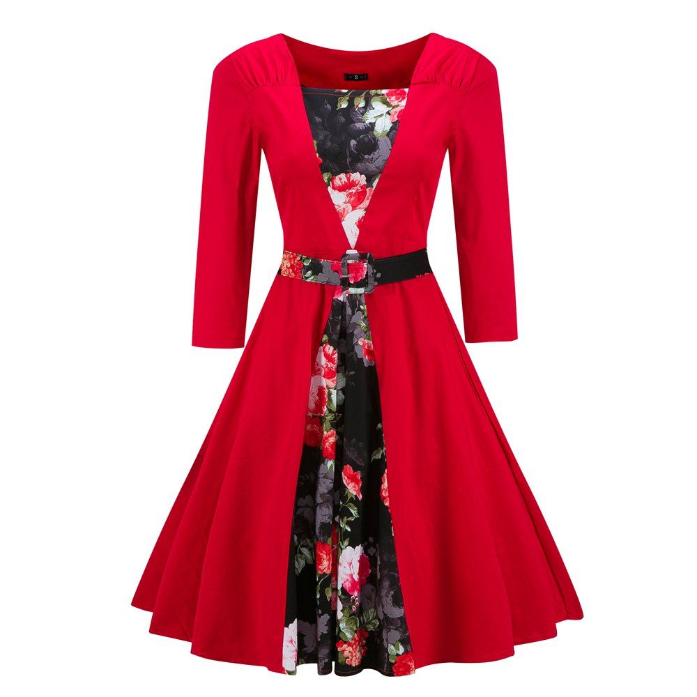 

Fashion Autumn Winter Forest Girl Style Vintage Foral Print Dress with Belt, Red