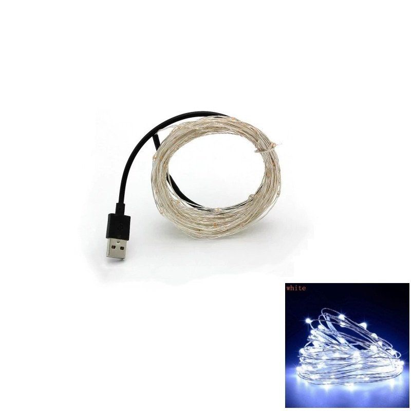 

10M 100-LED Silver Wire Strip Light USB Power Supply Fairy Lights Garlands Christmas Holiday Wedding Party 1PC, White light