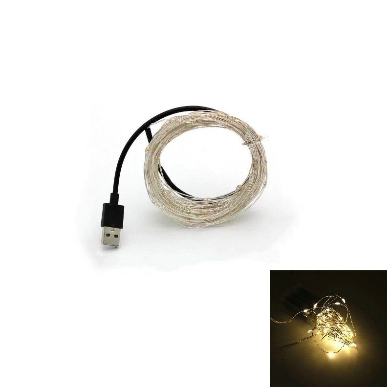 

10M 100-LED Silver Wire Strip Light USB Power Supply Fairy Lights Garlands Christmas Holiday Wedding Party 1PC, Warm white light