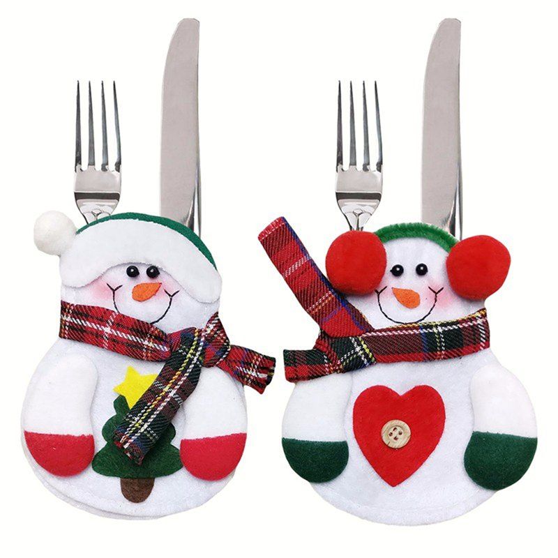 

6PCS Xmas Decor Lovely Snowman Kitchen Tableware Holder Pocket Dinner Cutlery Bag Party Christmas Table Decoration Cutlery Sets, Snow white