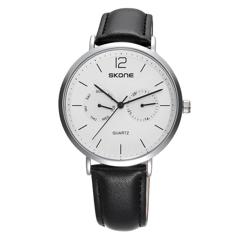 

SKONE 9460EG 1071 Simple Leather Band Men Quartz Watch, Black + white