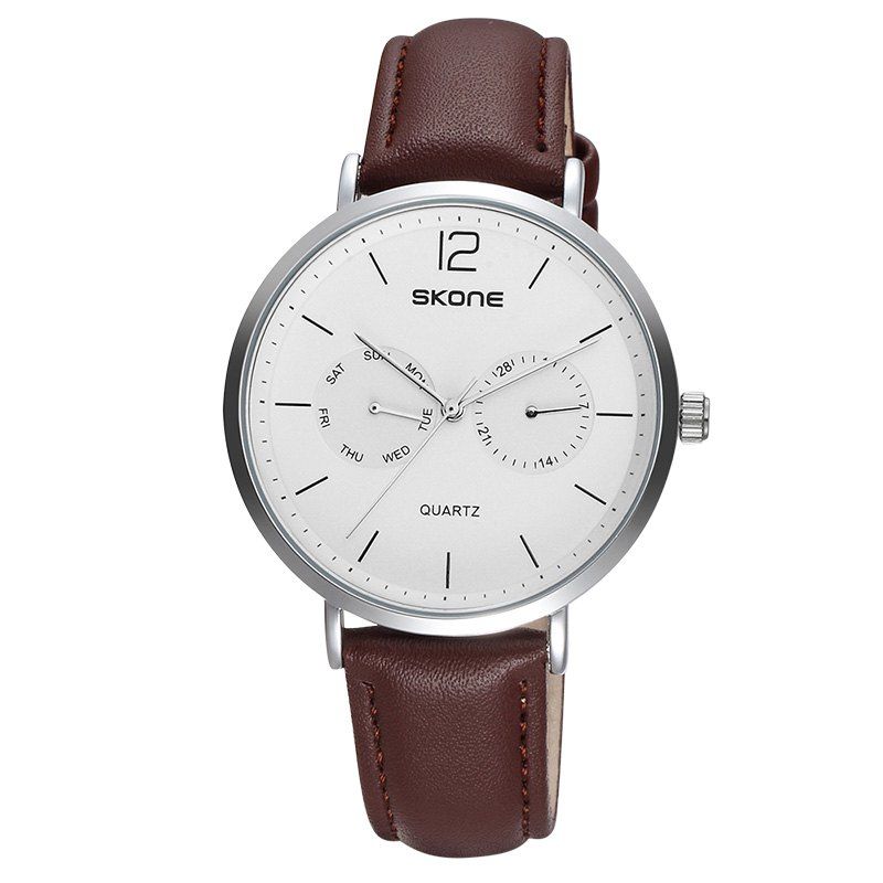 

SKONE 9460EG 1071 Simple Leather Band Men Quartz Watch, Coffee + white