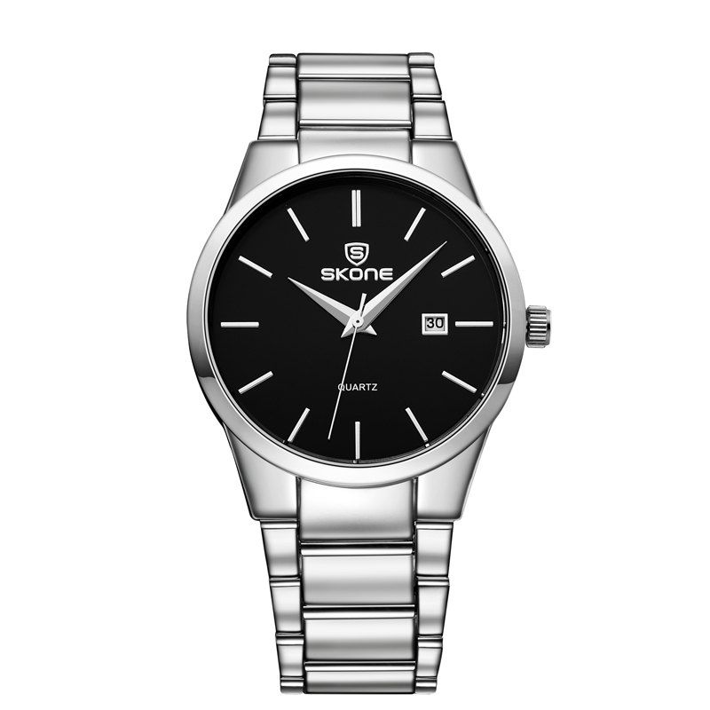 

SKONE 7382BG 4219 Fine Steel Band Men Quartz Watch with Calendar, White and black