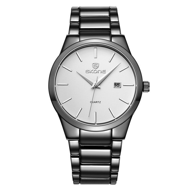 

SKONE 7382BG 4219 Fine Steel Band Men Quartz Watch with Calendar, Black + white