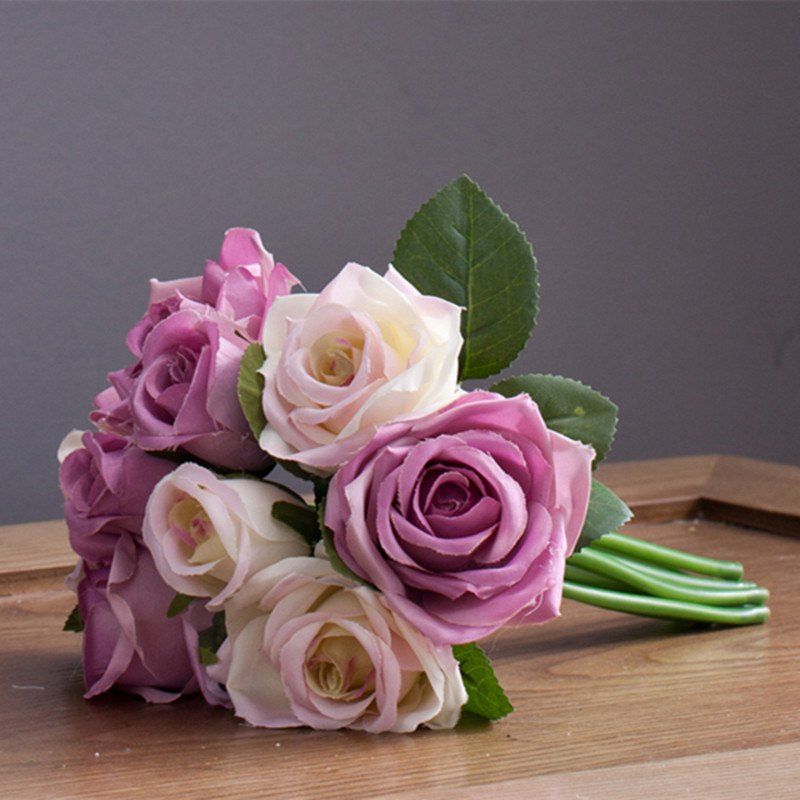 

XM 9 Count Silk Rose Hand Tied Bouquet Home Decoration Artificial Flower 25CM, White + purple