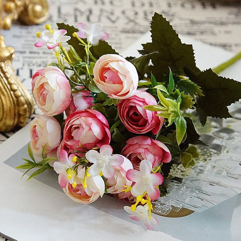 

XM 10 Heads Silk Tea Rose Home Decoration Artificial Flower 30CM, Deep pink