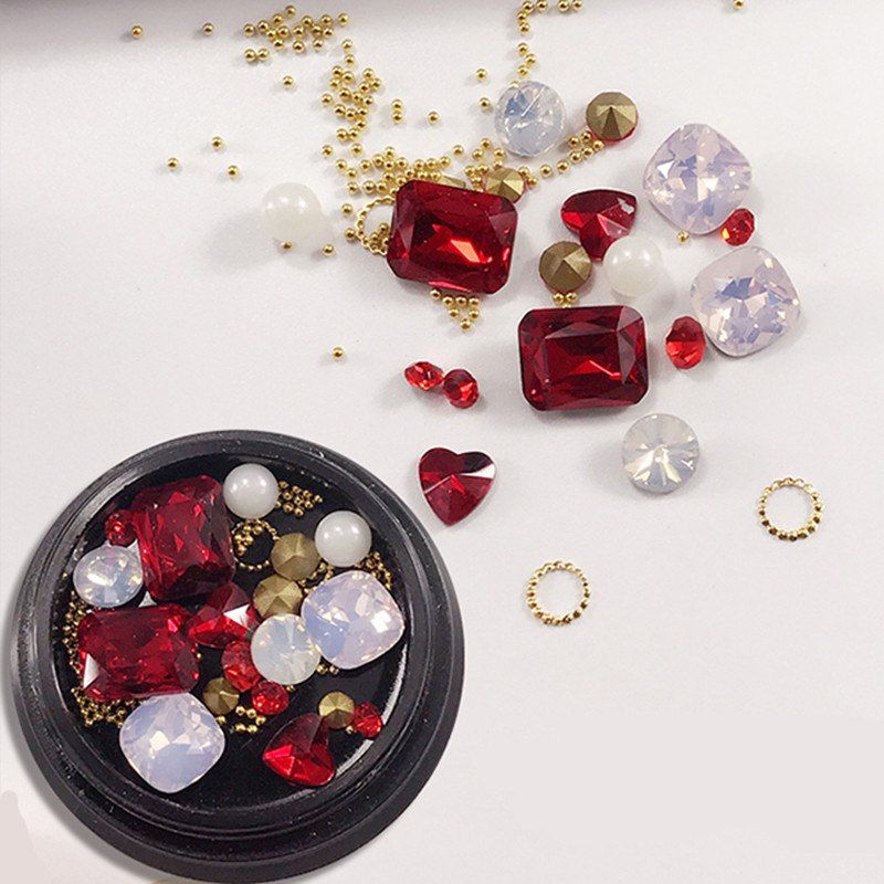 

1 Box Metal Decorative Red Big Jewel Pearl Accessories Mixed Style Nail Art Decoration 80PCS, Colormix