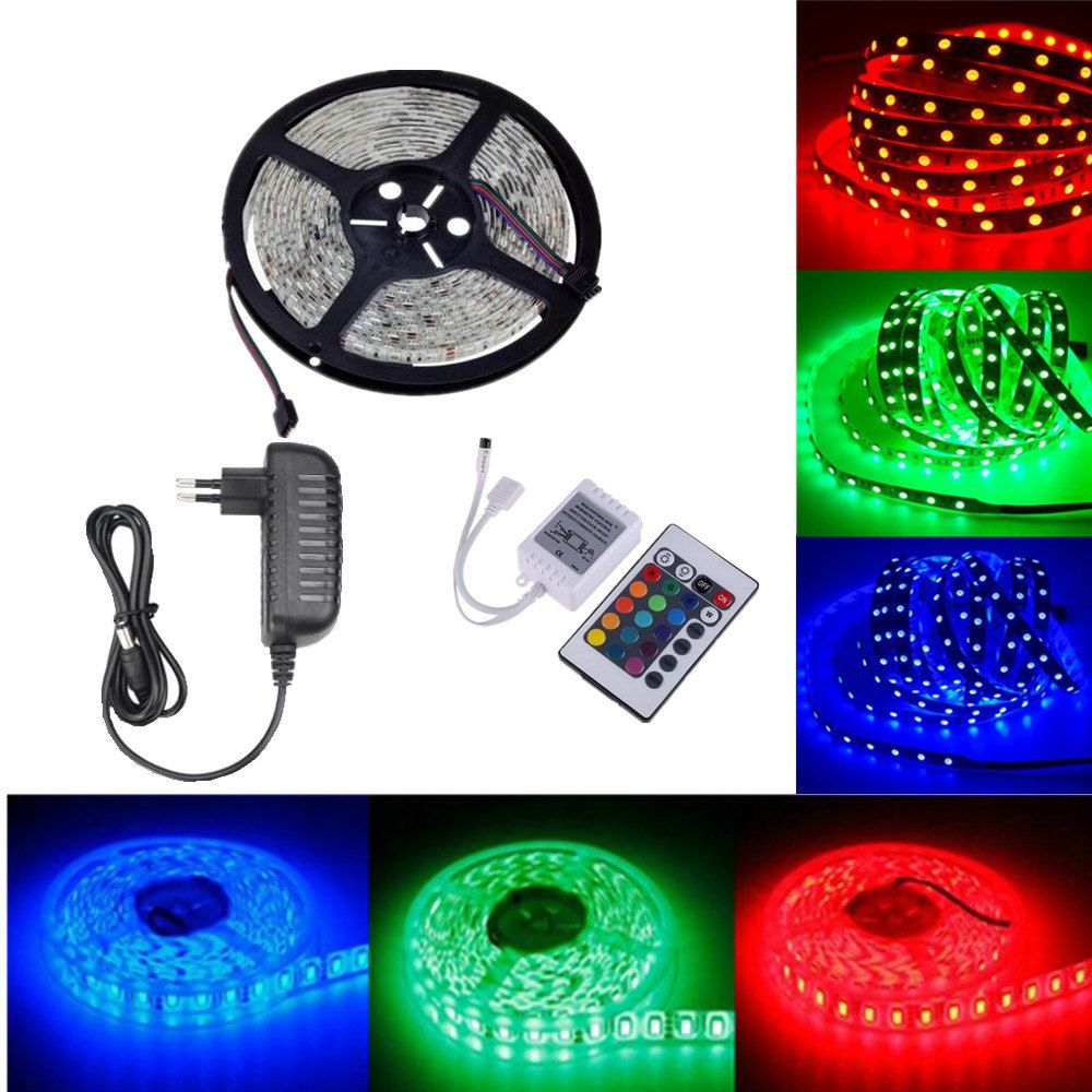 

OMTO DC12V 5M / 16.4 FT SMD3528 Non-Waterproof LED Light Strip Power Supply RGB Color Changing Kit with 24 Key IR Controller for Kitchen Bedroom Sitting Room Car