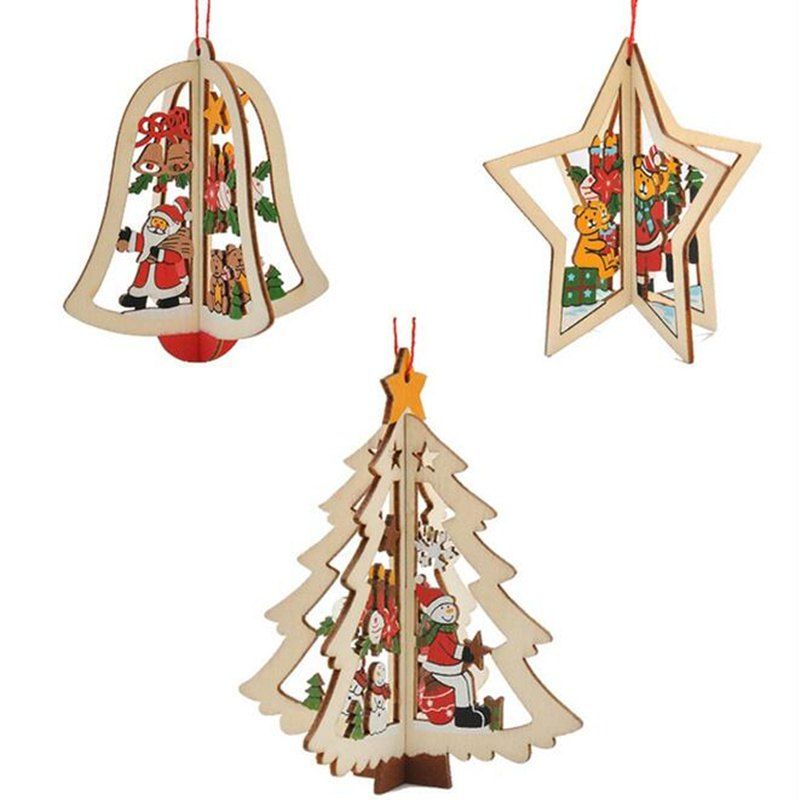 

WS 3PCS Christmas Tree Ornament Accessories Wooden Bell Star Stereo Holiday Products, Marigold