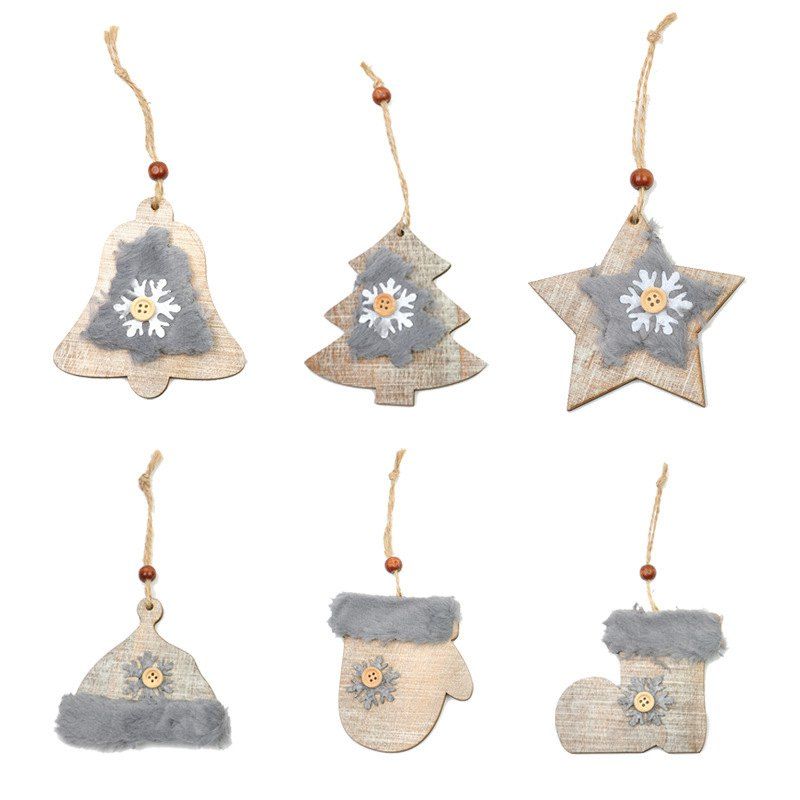 

WS 6PCS New Pattern Christmas Tree Star Bell Wood Wool Drill Pendant Hat Gloves Boots Snow Button Ornaments, Brown