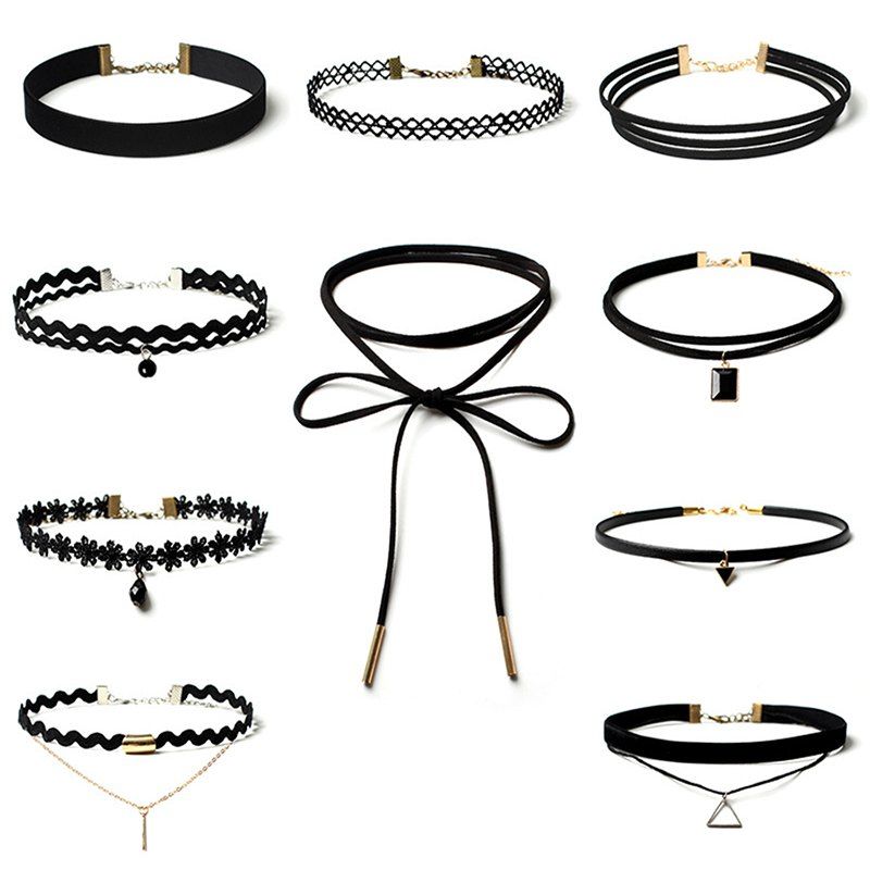 

10 Women's Jewelry Set Punk Style Vintage Multielement Choker Jewelry, Black