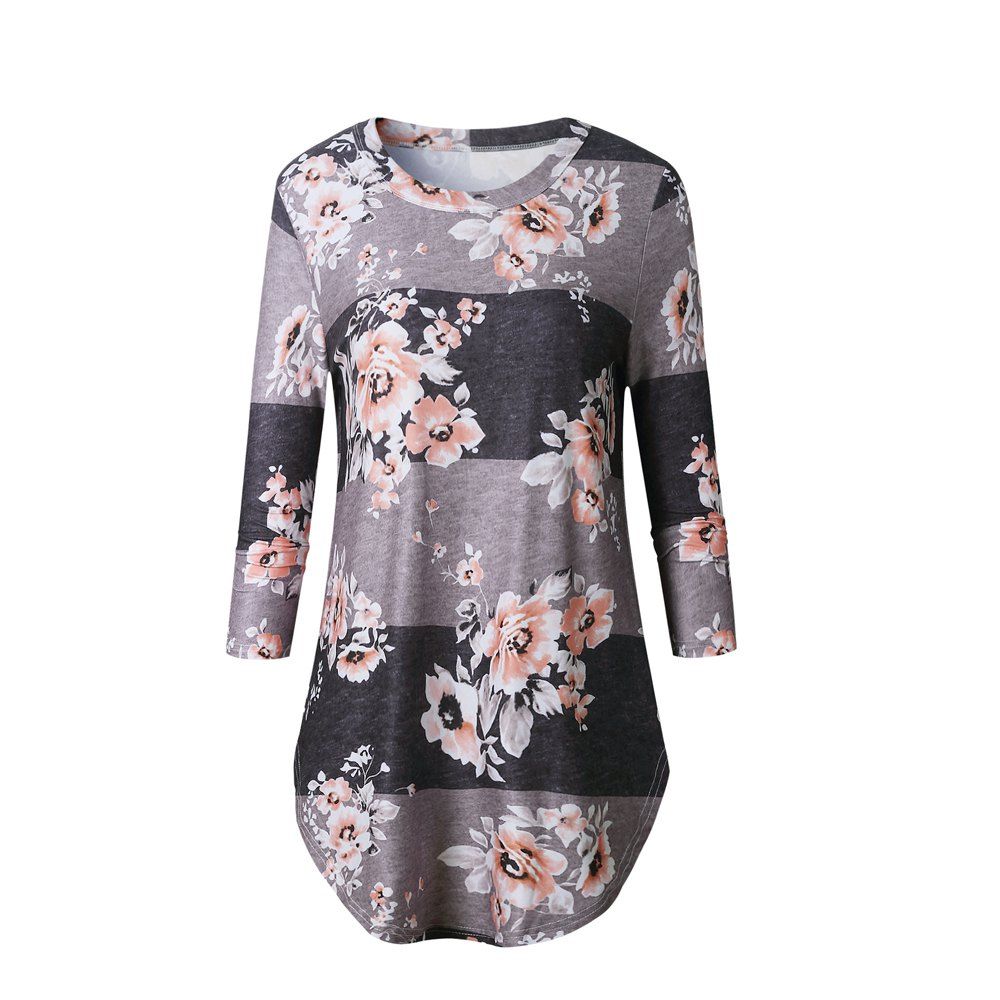 

2017 New Autumn Long-Sleeved Floral Print Top T-Shirt, Coffee