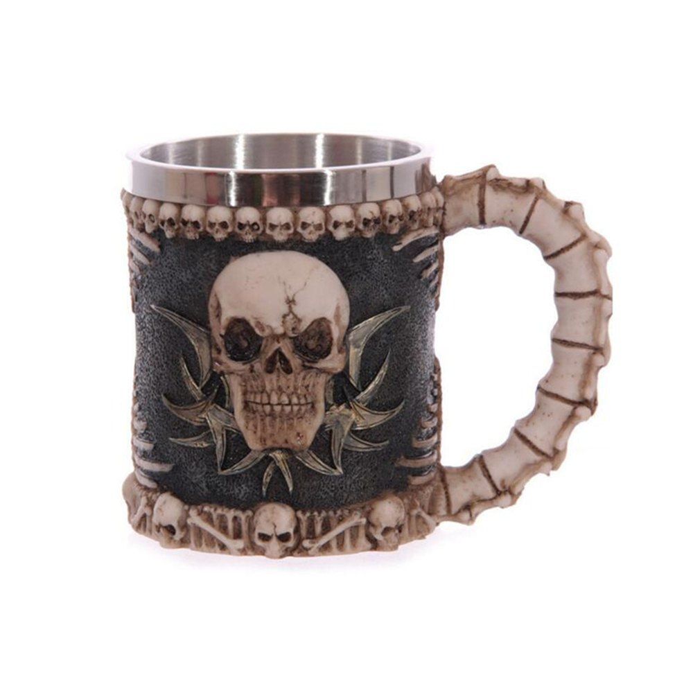 

Creative 3D Stereo Skull Face Resin Case Stainless Steel Cup 230ML, Black and brown