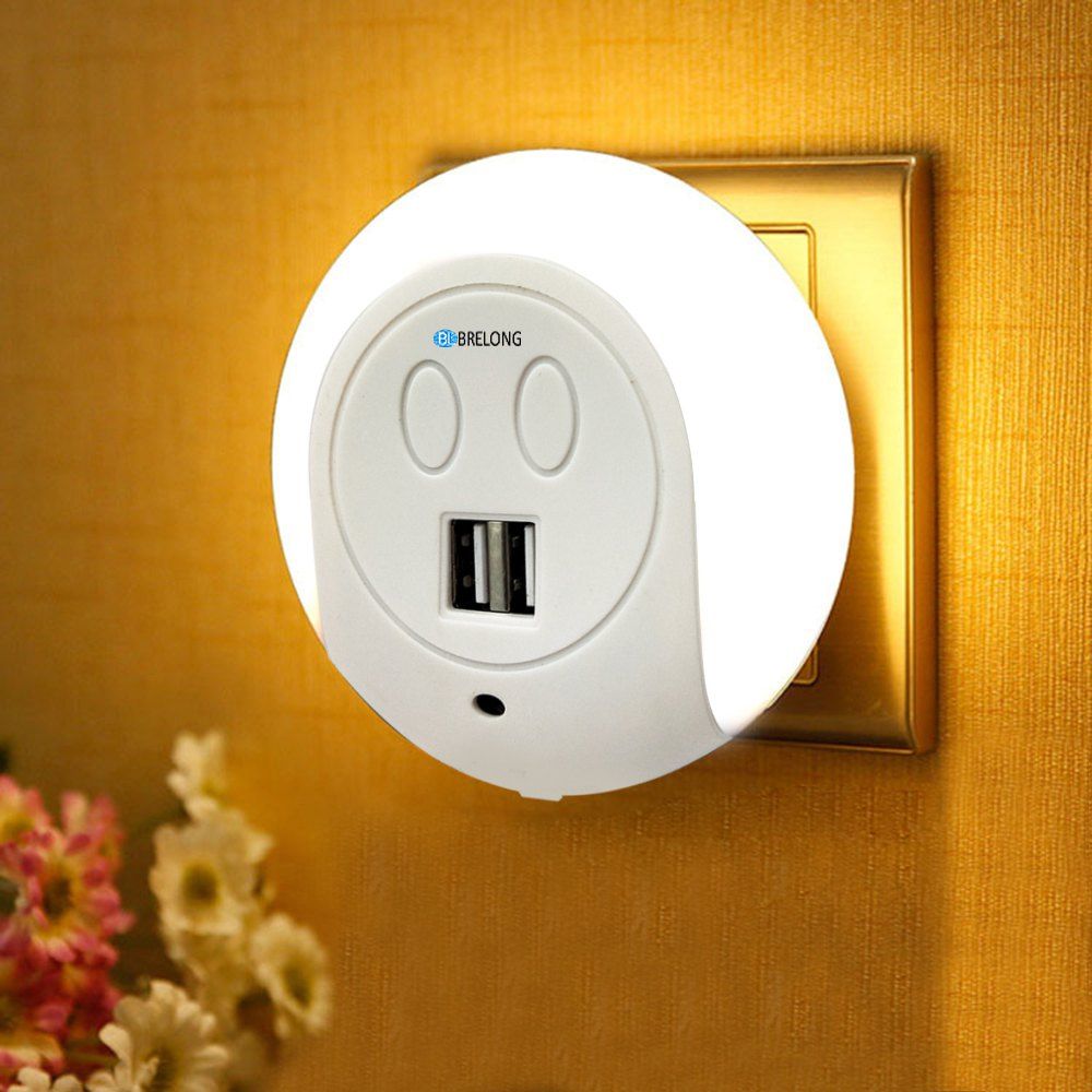 

BRELONG LED Night Light Dual USB Port Wall Charger Light Sensor 2A 110-240V US, White