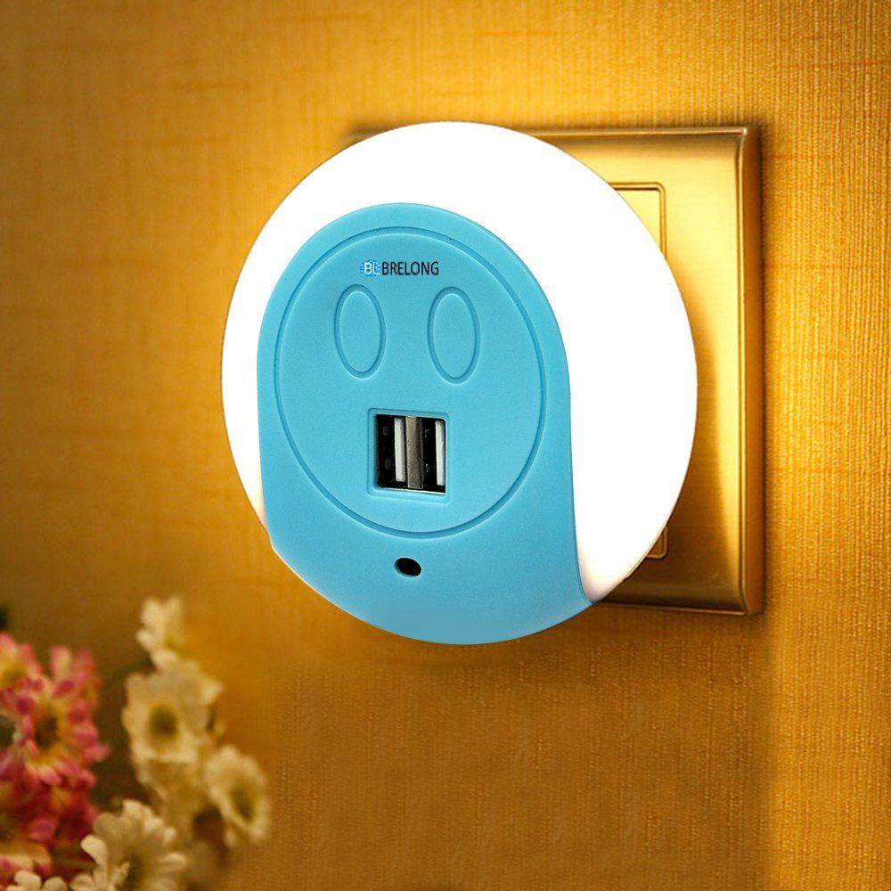 

BRELONG LED Night Light Dual USB Port Wall Charger Light Sensor 2A 110-240V EU, Blue