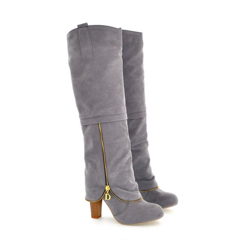 

Elegant Women's Shoes Faux Suede Round Toe Chunky Heel Knee High Boots Winter Dress Black Grey Red, Gray