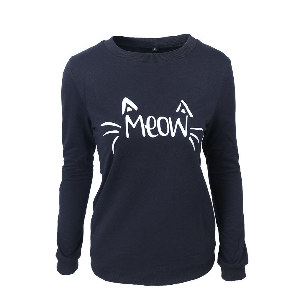 

Autumn New Style Women Long Sleeve O Neck Loose Casual Blouse Cotton Cat Print Shirt, Black