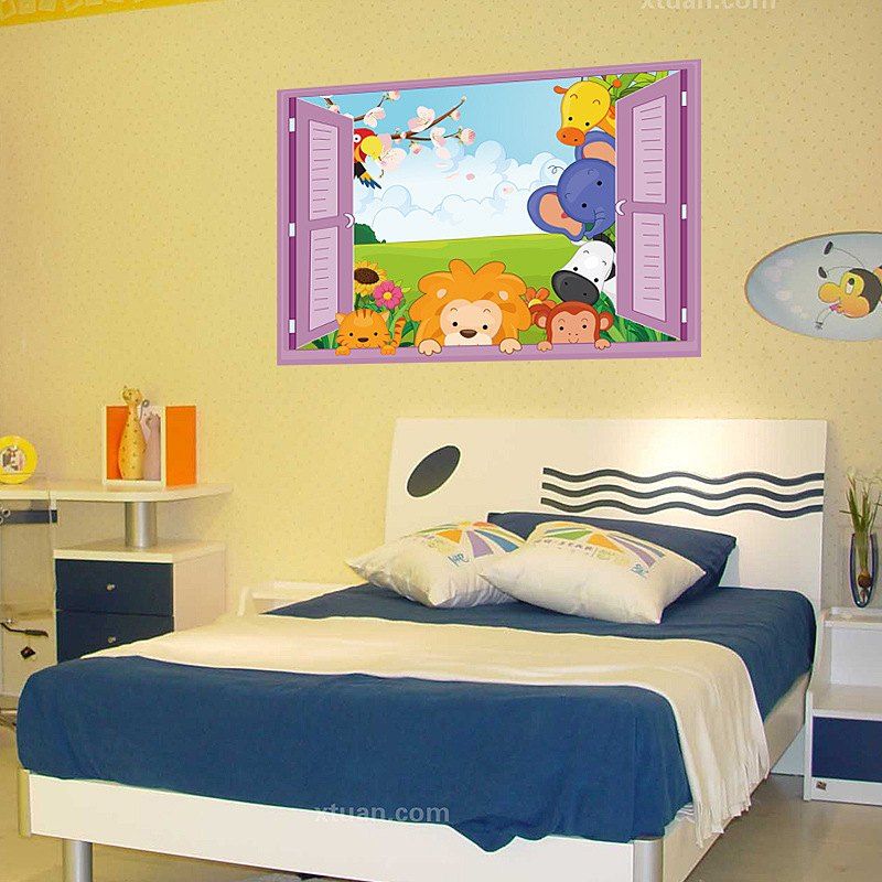 

DSU 3D Stereo Effect False Window Wall Sticker Kids Room Kindergarten Home Cartoon Cute Decal, Colorful