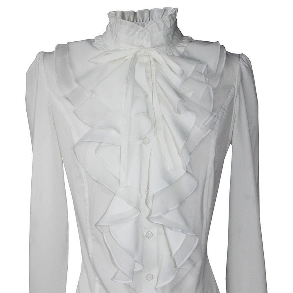 

Women Office Blouses Victorian Top Button Silky Lace Collar Ruffle Satin Shirts, Snow white