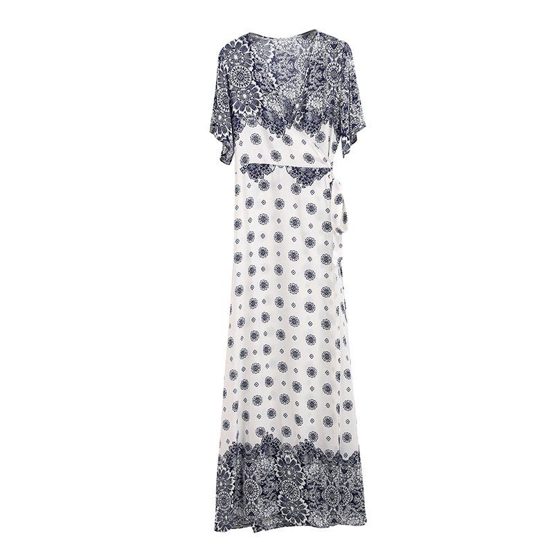 

V-neck Printing with Short Sleeves Collect Waist Dress, White